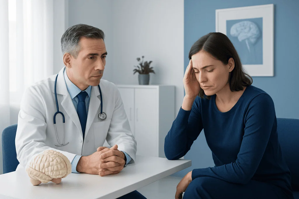 Doctor consulting with a woman patient about neurological symptoms.