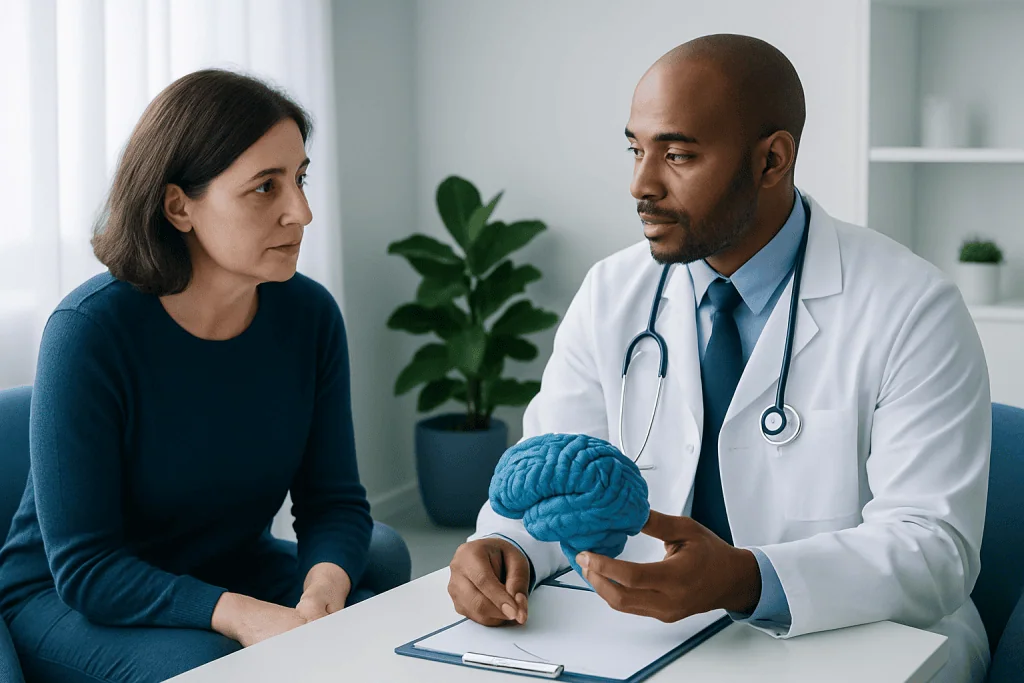 Doctor explaining brain aneurysm treatment options to a patient.