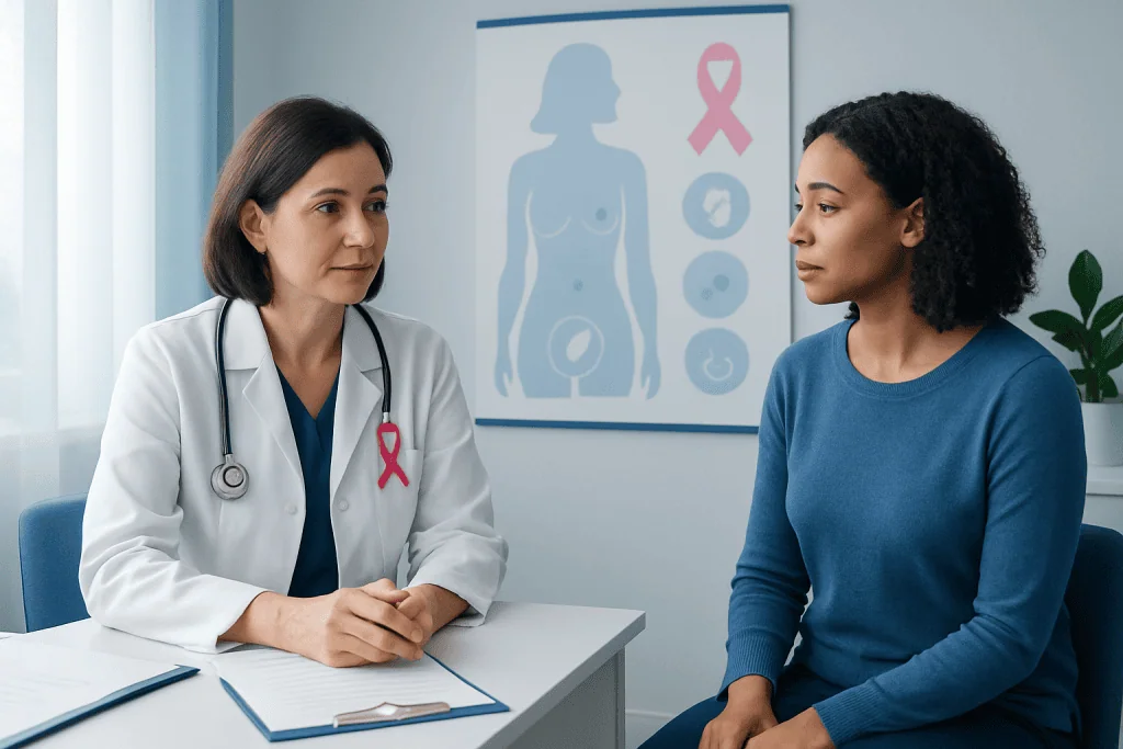 Doctor consulting a patient about breast health and awareness.