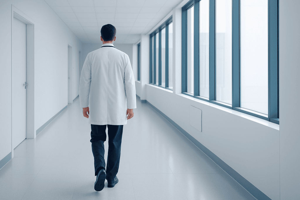 Breast Cancer Symptoms: What to Look For 1 Doctor walking down hospital corridor with large windows and natural light.