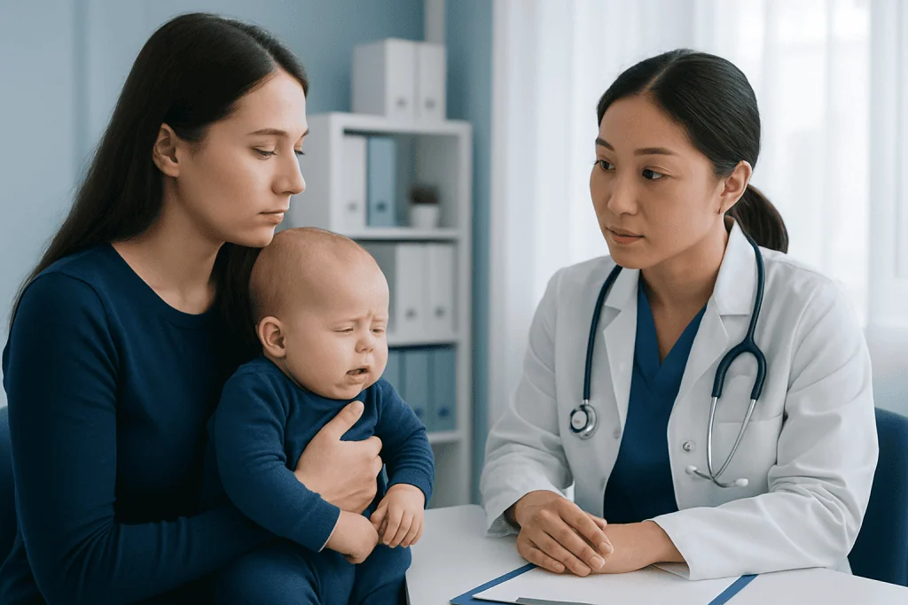 Doctor examining a crying baby with mother in a clinic setting.