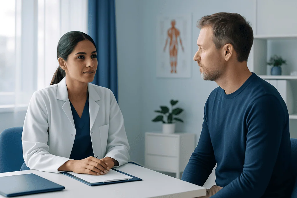 Doctor consulting with a male patient in a medical office setting.