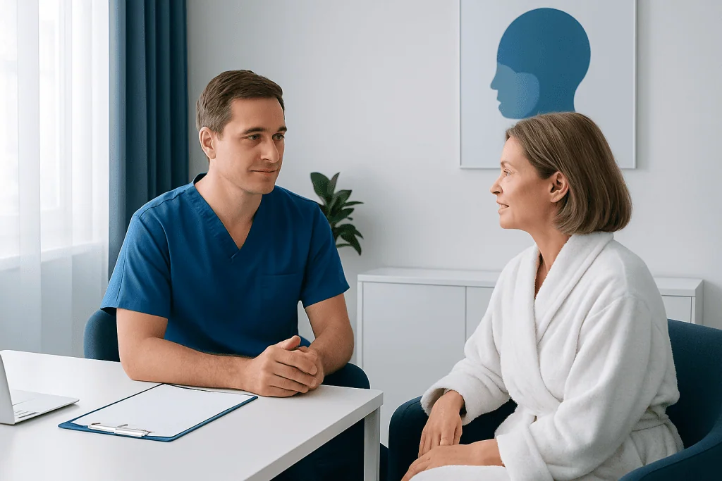 Doctor consulting with a patient in a medical office in Turkey.