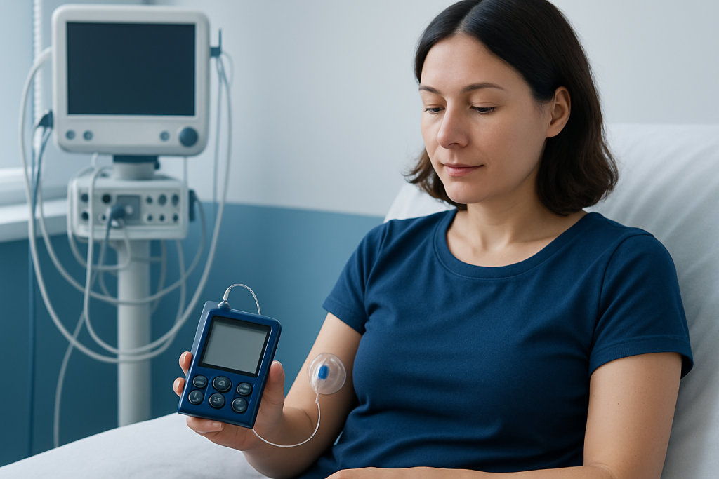 Woman monitoring health with medical device in hospital setting.