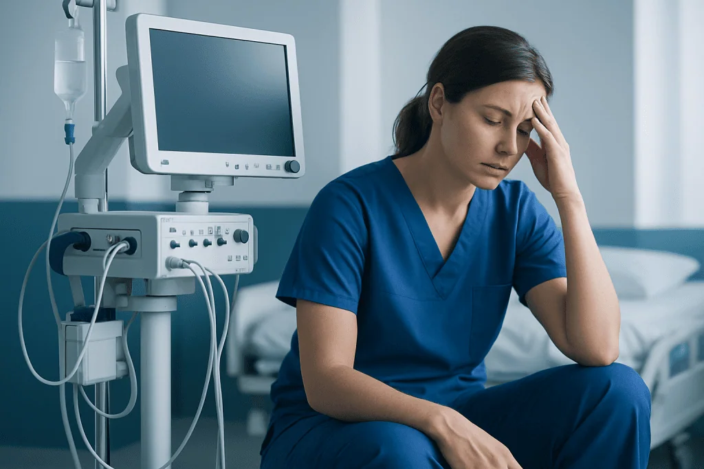 Female nurse in distress in hospital room with medical equipment.
