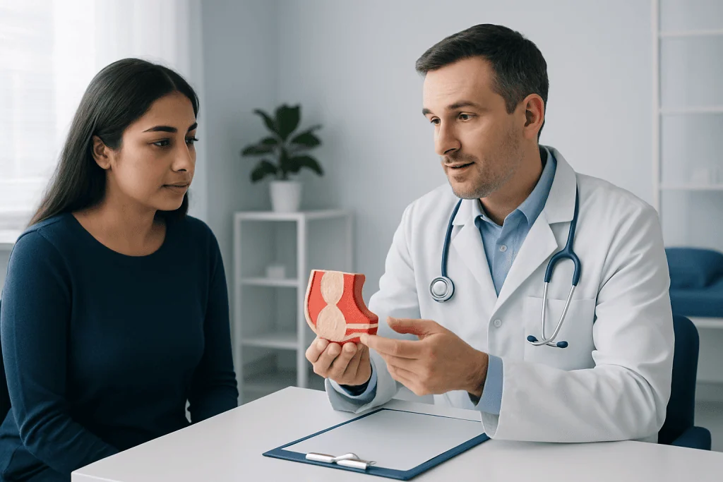 Doctor explaining a 3D model of the human digestive system to a patient.