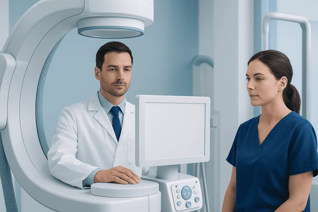 Medical professionals operating MRI machine at Acibadem Hospital.