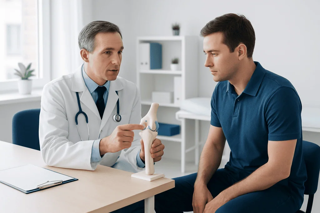 Orthopedic doctor explaining knee joint to patient in consultation room.