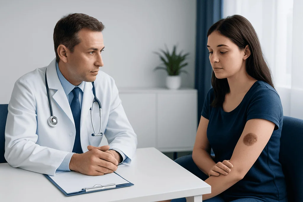Doctor consulting with a young woman about a mole on her arm.