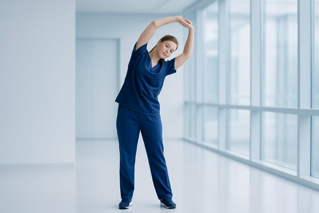 Can Men Get Breast Cancer What You Need to Know 1 Young woman stretching in a modern, bright hospital corridor.