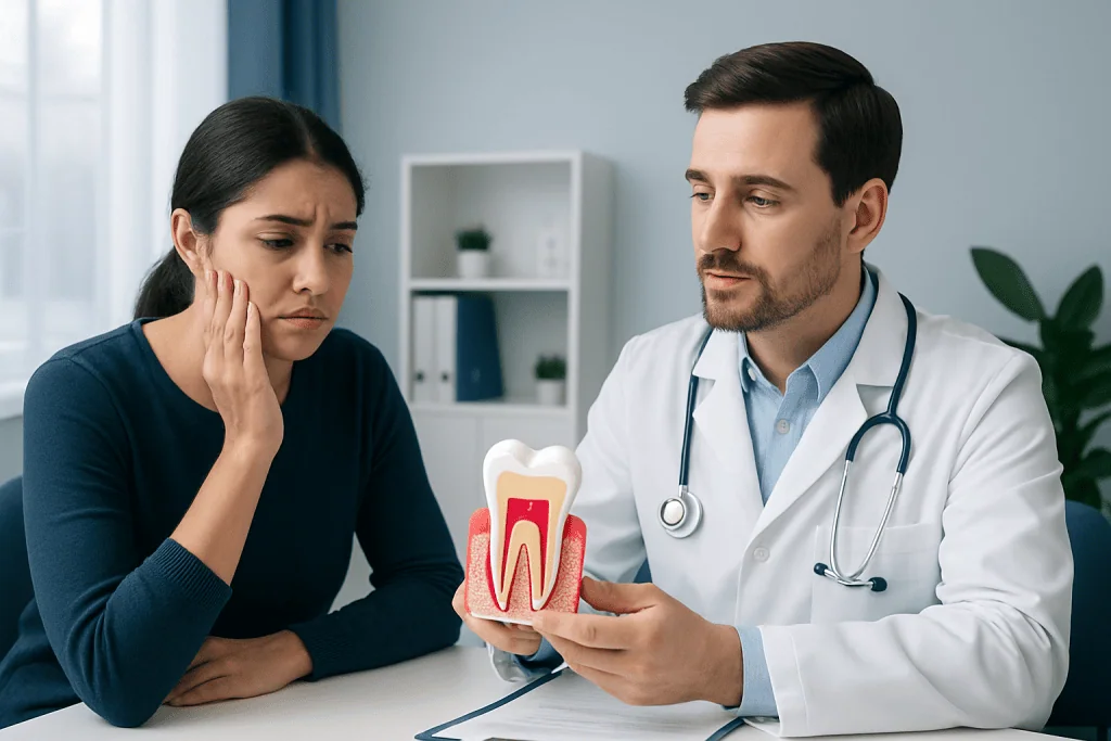 Dentist explaining gum health to a patient with tooth pain.