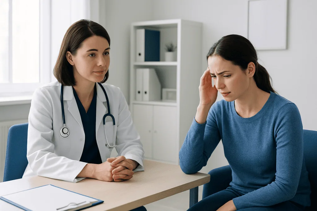 Doctor consulting with a patient about stress-related movement disorders.