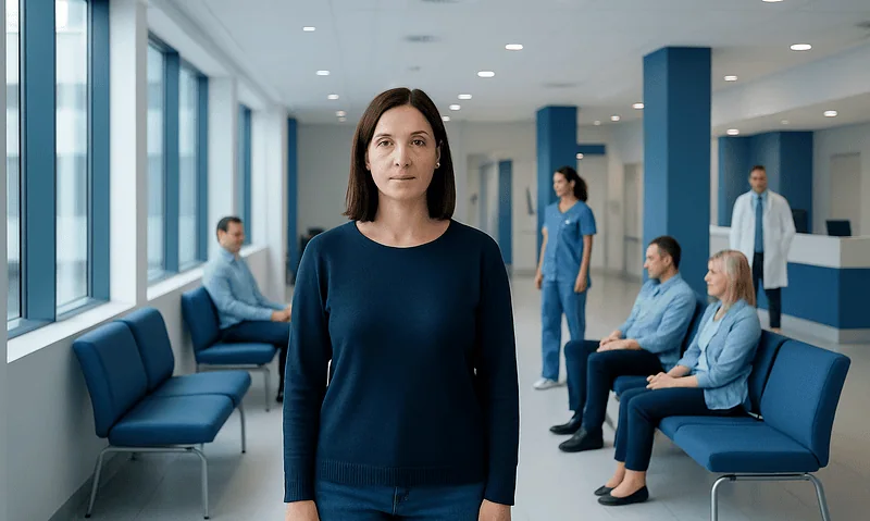 Female patient waiting in hospital corridor with medical staff nearby.