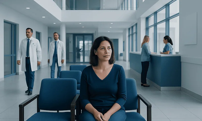 Patient waiting in hospital lobby at Acibadem Hospitals Group in Turkey.