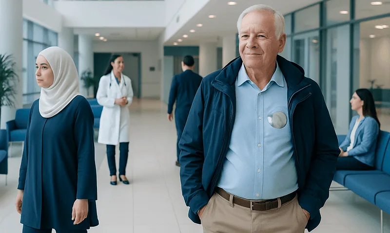 Senior man at hospital lobby with medical staff and patients in background.