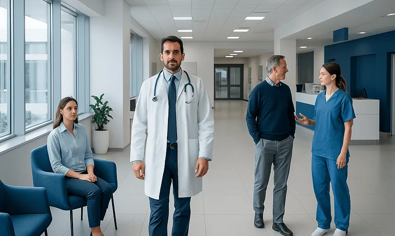 Medical staff and patient in a modern hospital corridor at Acibadem Hospitals Group.