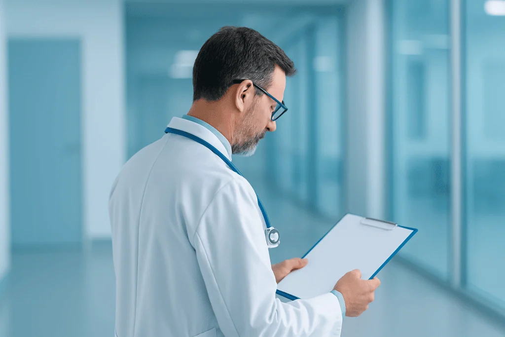 Cancer Care with Radiotherapy 1 Doctor reviewing patient data in a modern hospital corridor.