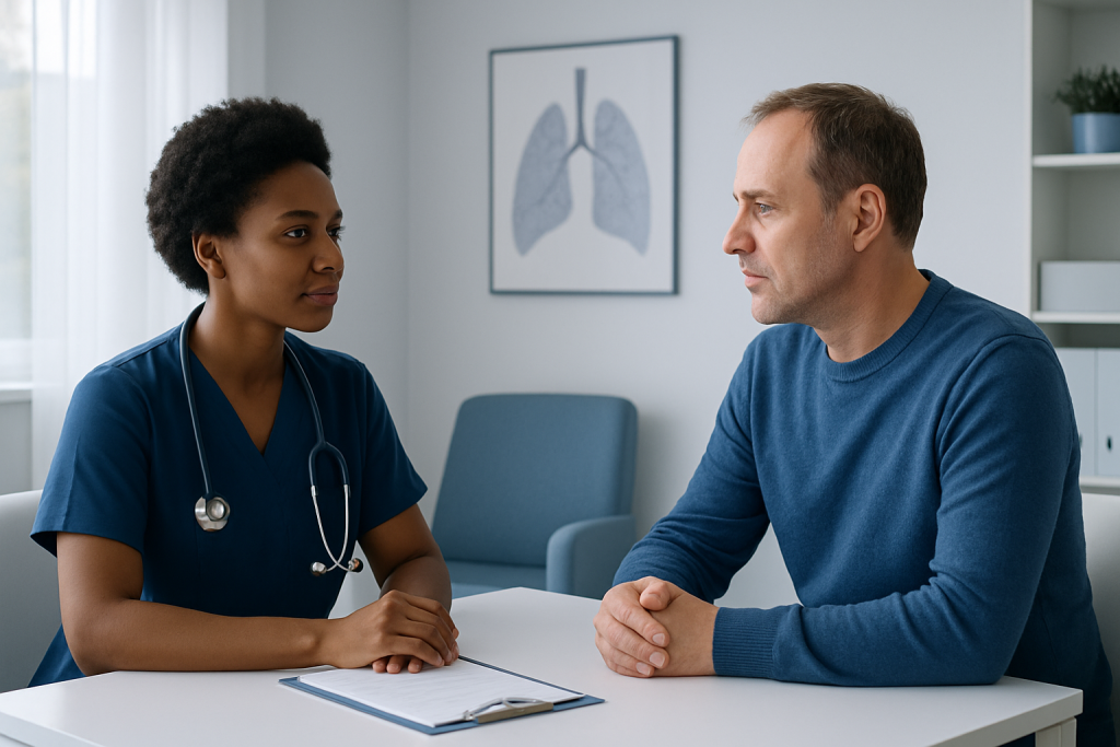 Doctor consulting with patient in a medical office setting.