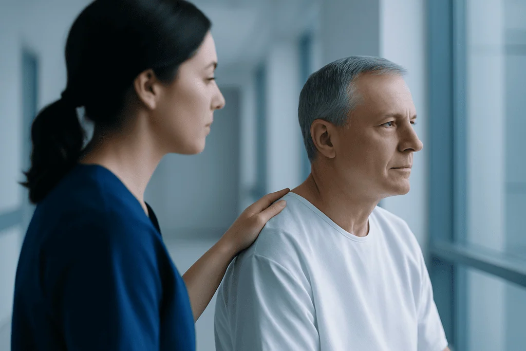 Cancer Treatment With Radiation in Turkey 1 Healthcare professional comforting a patient in a hospital corridor.
