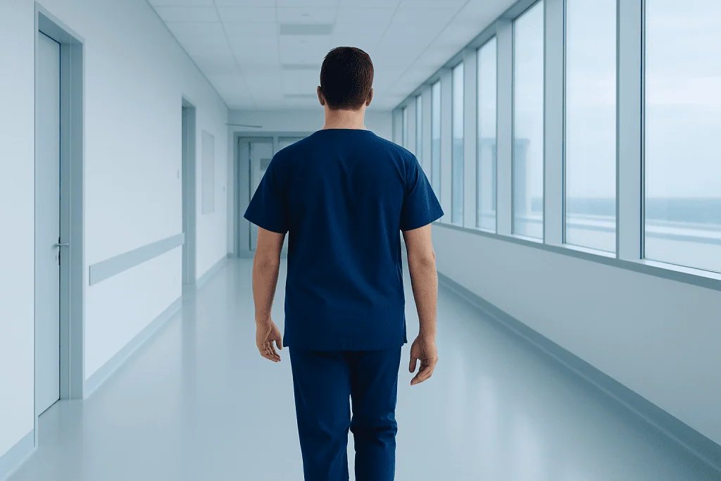 Cardiac Sciences at Acibadem Hospital 1 Healthcare professional walking in a modern hospital corridor with large windows.