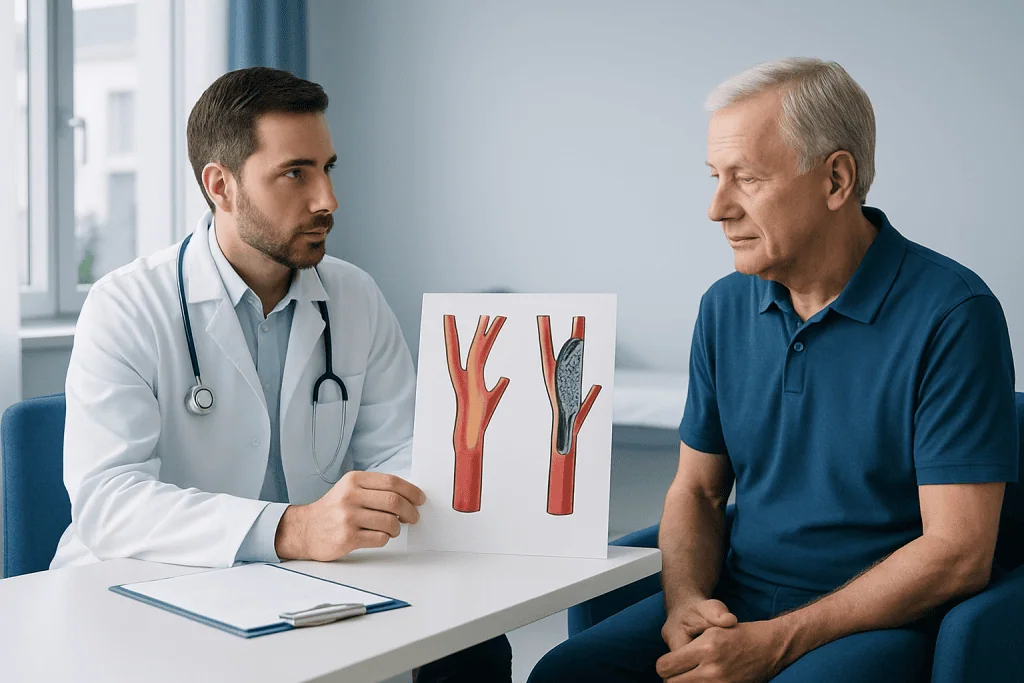 Doctor explains carotid artery procedures to an elderly patient.
