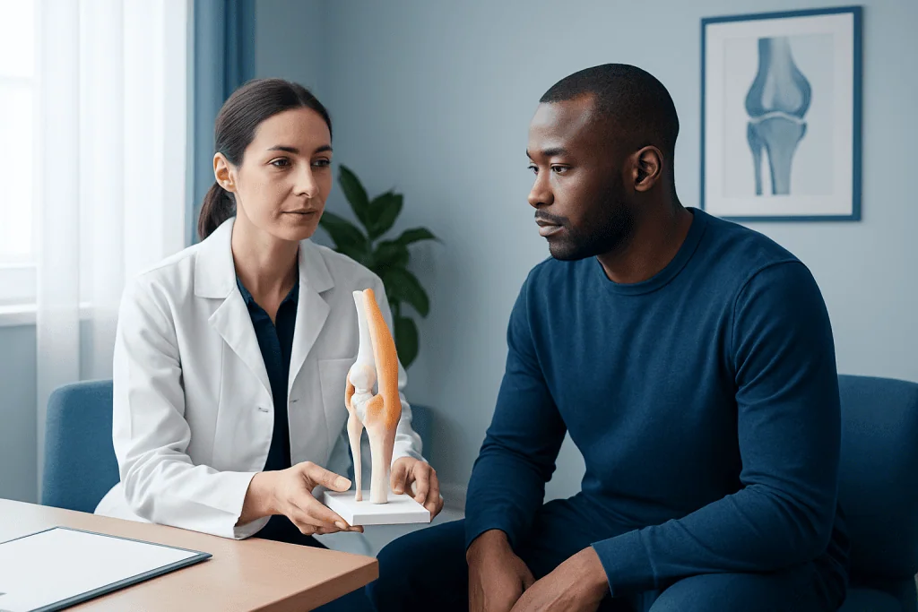 Doctor explaining knee joint anatomy to patient with model.