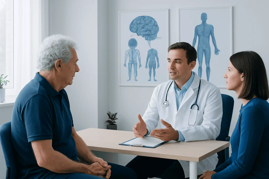 Doctor consulting with elderly patient about neurological health.