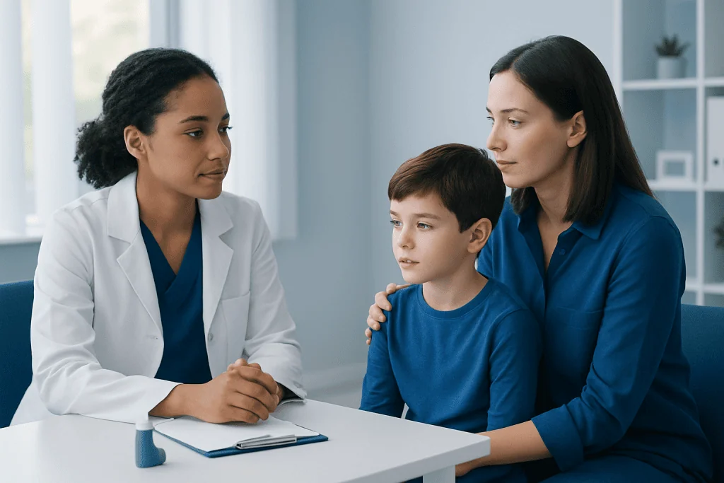 Doctor consulting with a young boy and his mother about pediatric asthma.