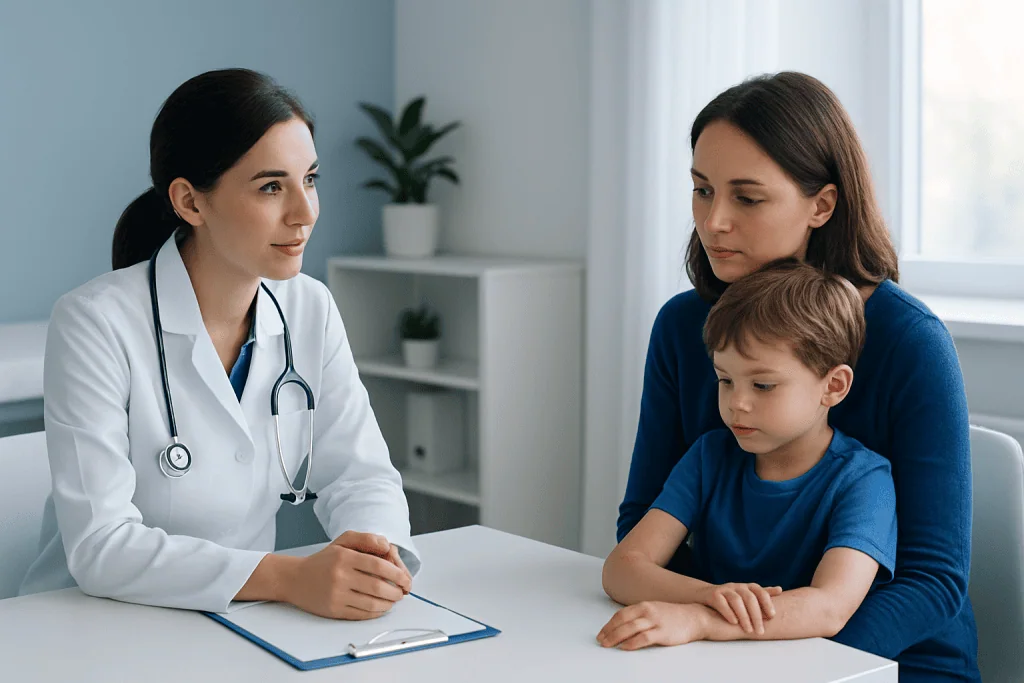 Doctor consulting with mother and child in a medical office.