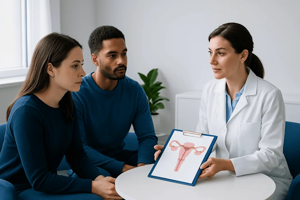 Fertility specialist explaining treatment options to a couple with uterine diagram.