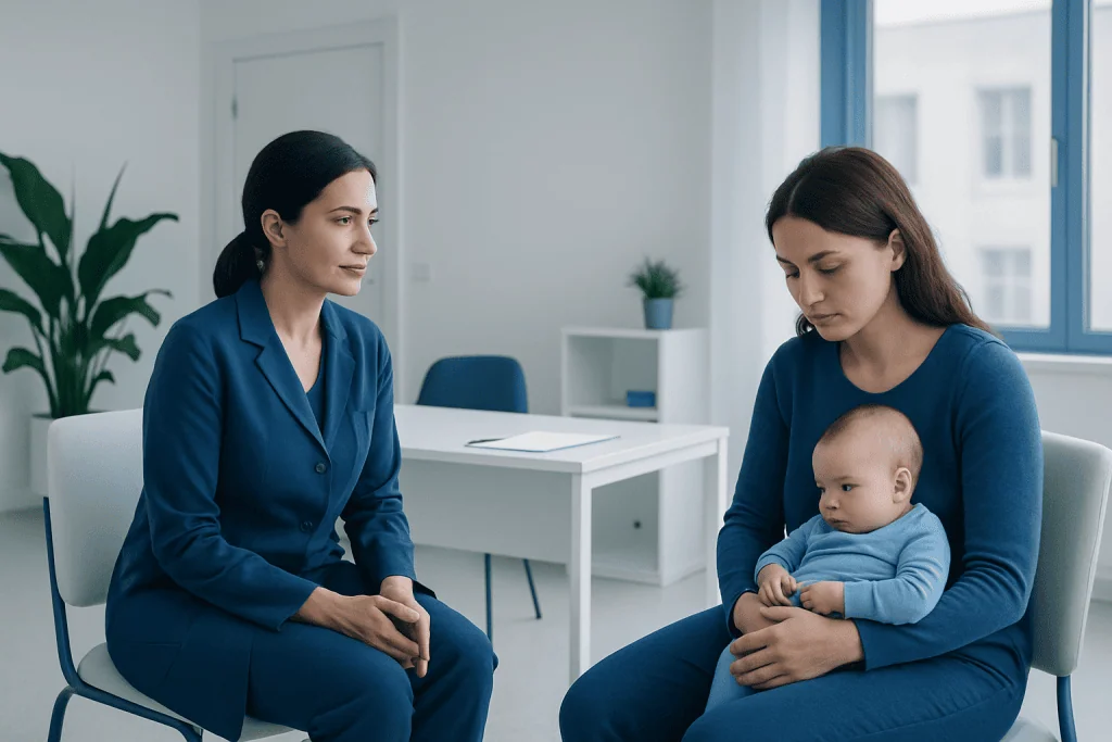 Mother receiving support during postpartum depression consultation at Acibadem Hospital.