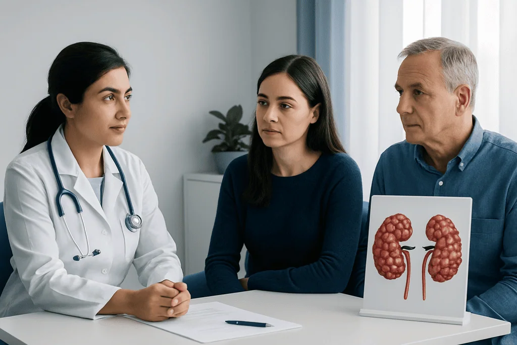 Doctor explaining kidney health to patients in a consultation room.