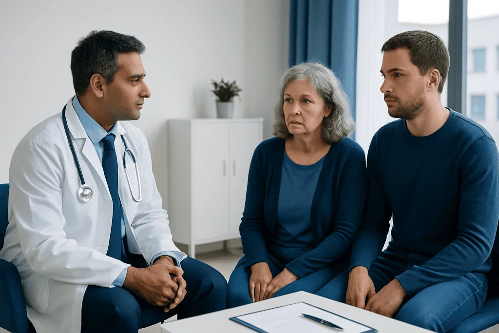 Doctor consulting with an elderly woman and her son in a medical office.