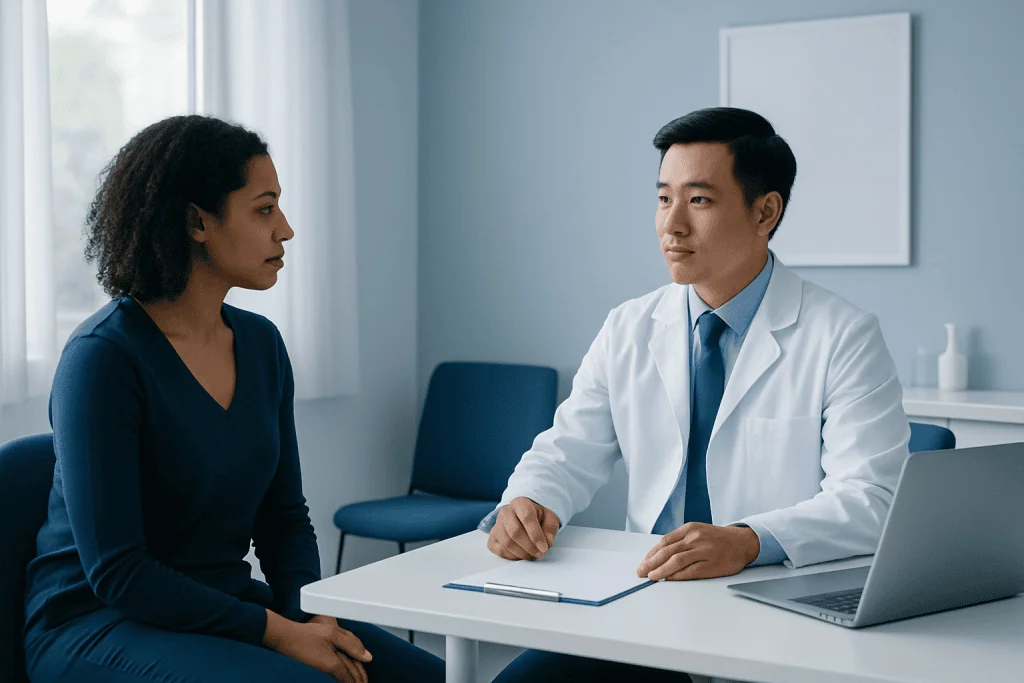 Doctor consulting with a patient in a medical office setting.