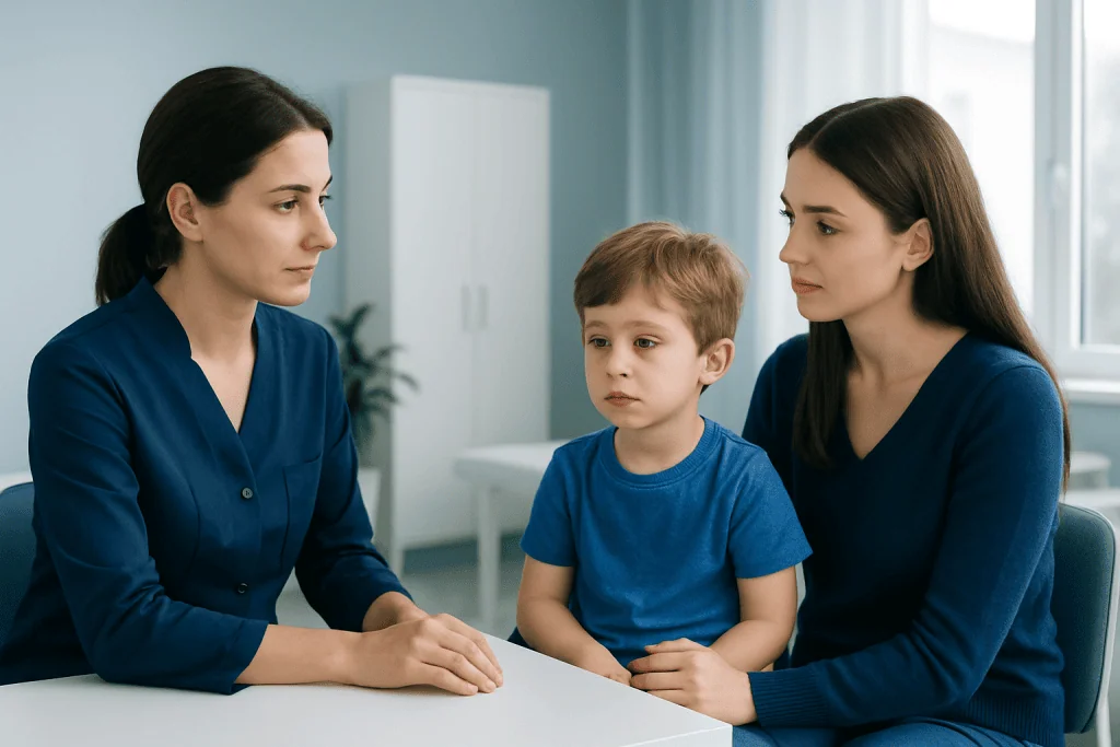 Doctor consulting with mother and child about eye health in a clinic.