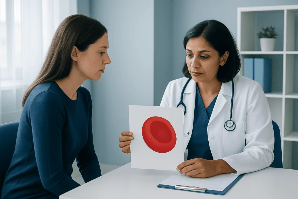 A woman consulting a doctor with a blood test result in a clinical setting.