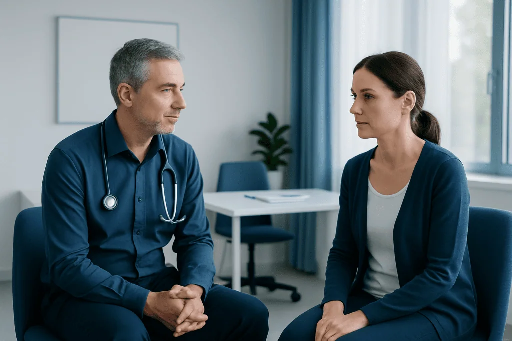 Doctor consulting with patient in a modern hospital room.
