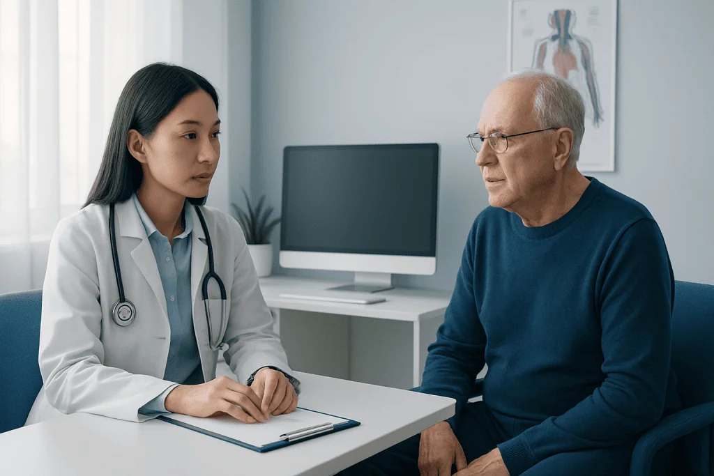 Experienced doctor consulting elderly patient in a modern hospital setting.