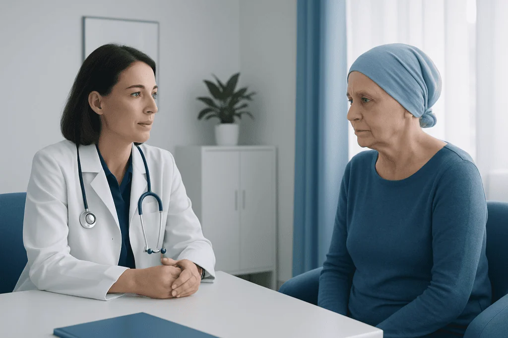 High-quality medical consultation with a doctor and a patient in a hospital setting.