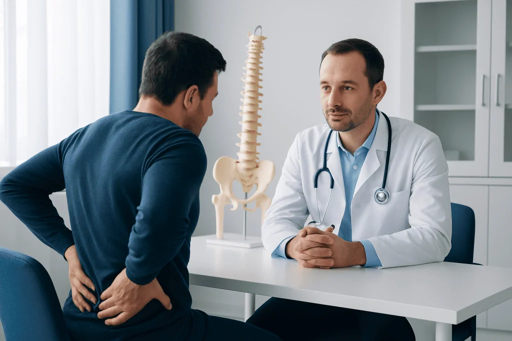 Doctor consulting with patient about spinal health and back pain.