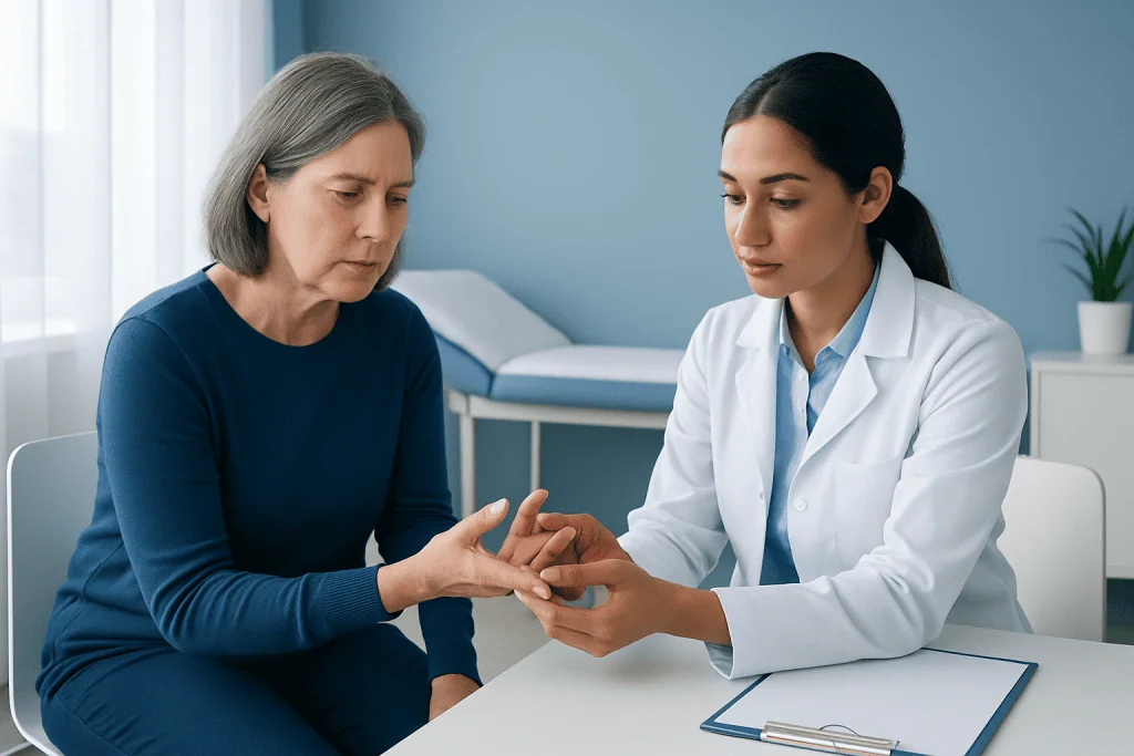 Doctor examining patient's finger for trigger finger symptoms.