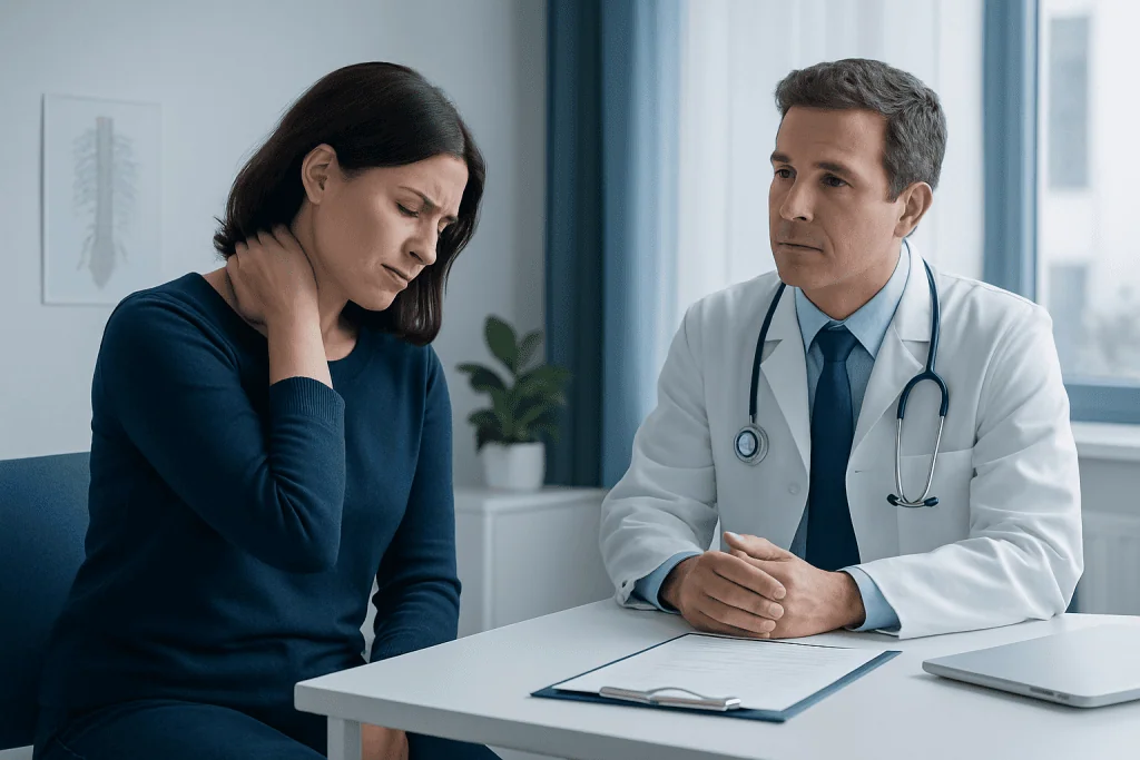 Doctor consulting with a woman about neck pain and radiculopathy symptoms.