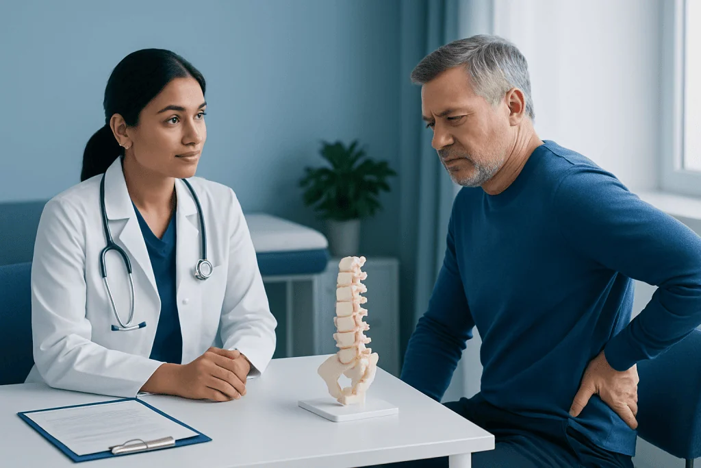 Doctor explaining spinal issues to a patient with a spine model.