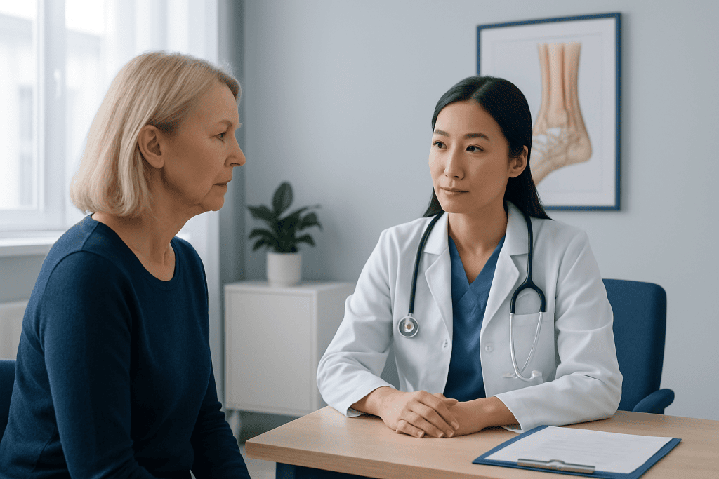 Doctor consulting with an elderly female patient in a medical office.
