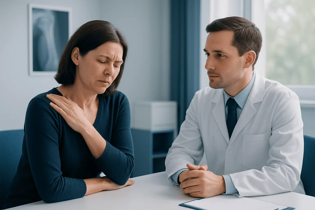 Doctor consulting with a woman about shoulder pain in a medical office.