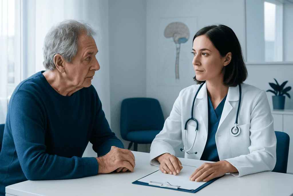 Doctor consulting with elderly patient in a medical office.