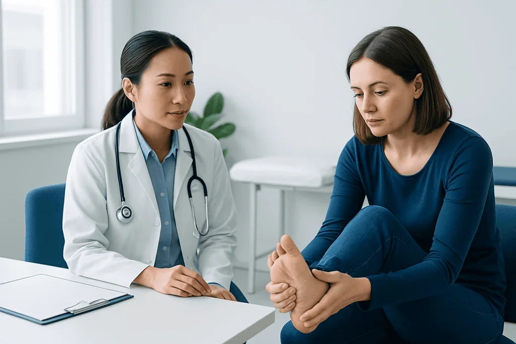 Doctor examining patient's foot for Morton’s Neuroma symptoms.