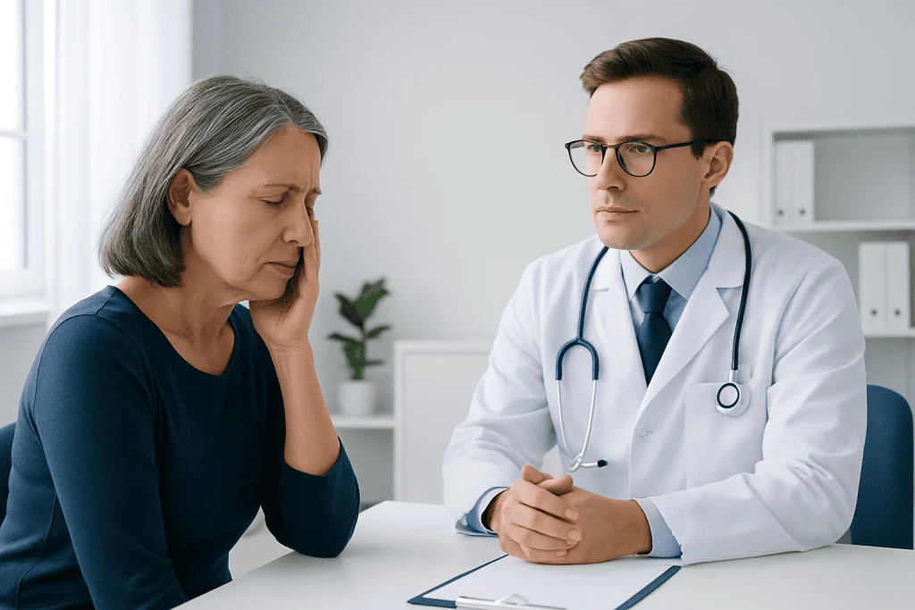 Doctor consulting with a patient about facial pain and treatment options.