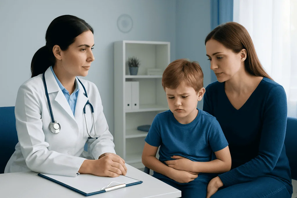 Pediatric consultation on constipation with doctor, mother, and child in clinic.