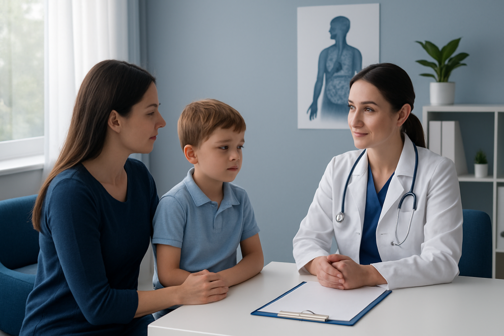 Doctor consulting mother and child about health concerns in a clinic.